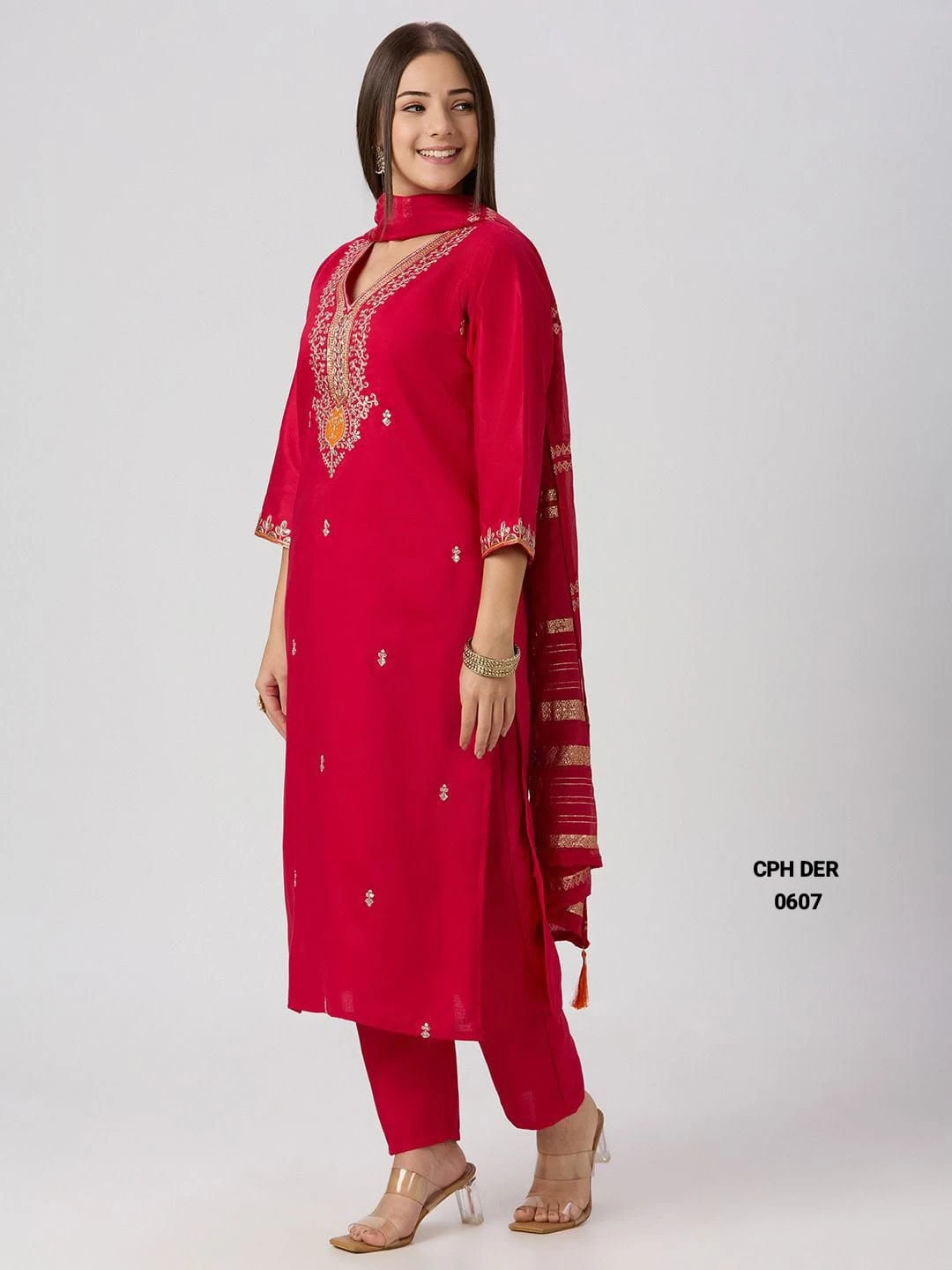 Crimson Red V-Neck Designers Kurti Pent Dupatta Salwar Suit